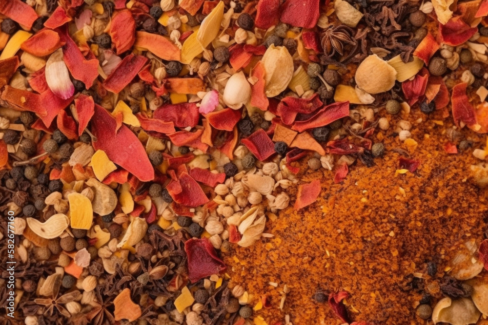 a top view of Spices background. generative ai a top view of Spices background. generative ai