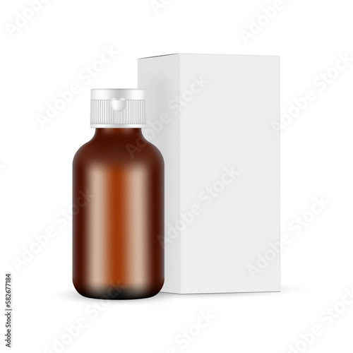 Amber Cosmetic Bottle With Screw Cap, Carton Box Side View, Isolated on White Background. Vector Illustration