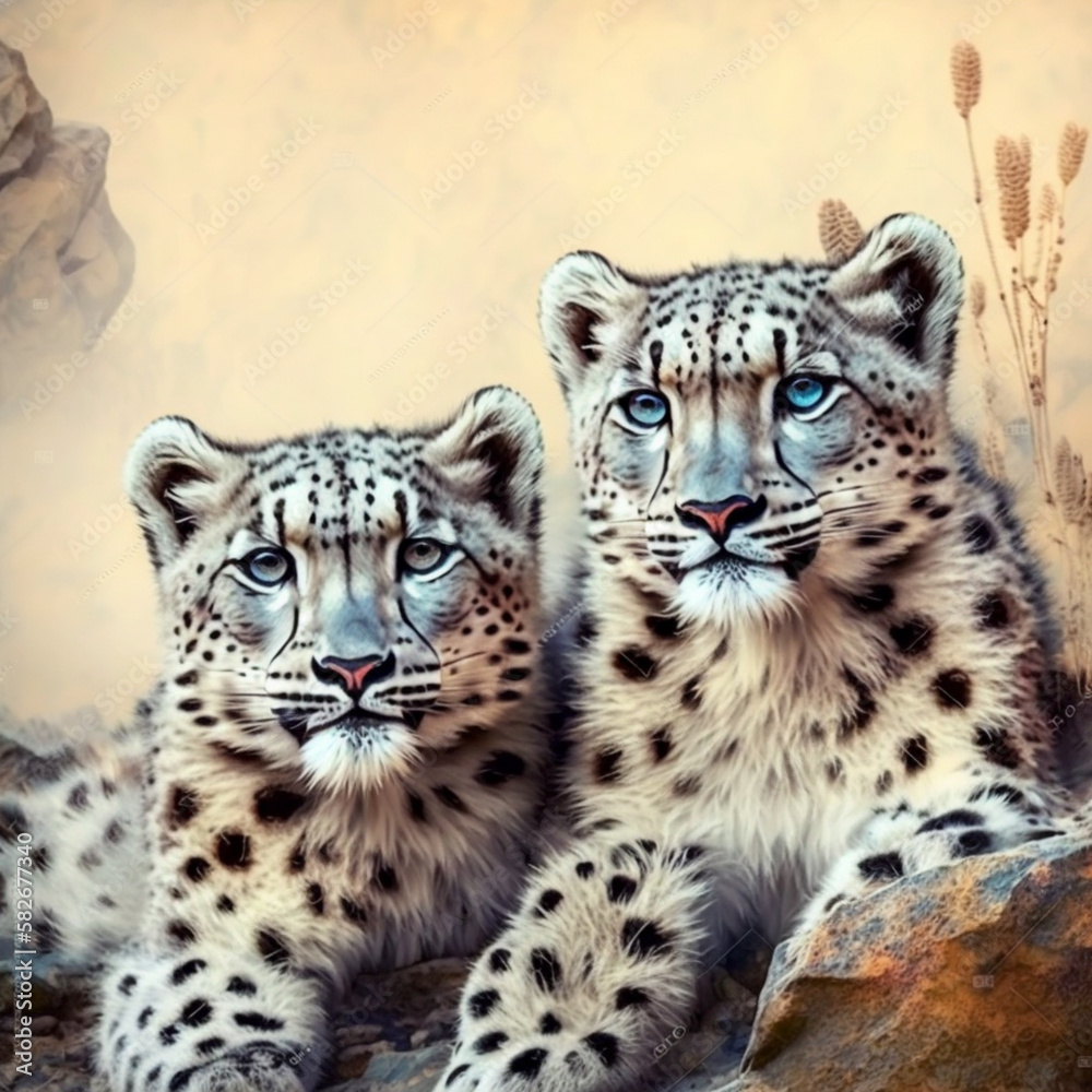 Obraz premium Two Snow Leopards resting in nature background Ai, generative