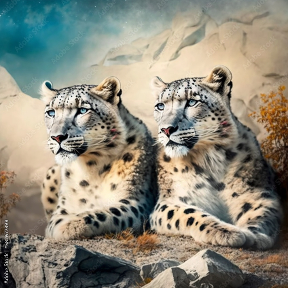 Obraz premium Two Snow Leopards resting in nature background Ai, generative