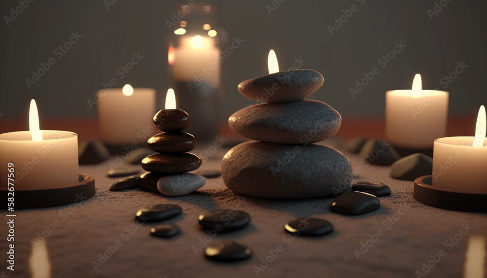 Zen stones and burning candles in the room. Set for spa treatment and relax concept Zen stones and burning candles in the room. Set for spa treatment and relax concept