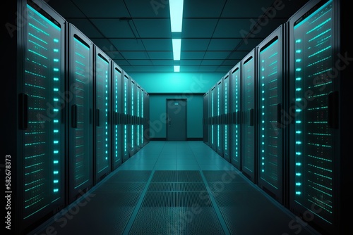 Modern Data Center Server Room with Rows of Server Racks