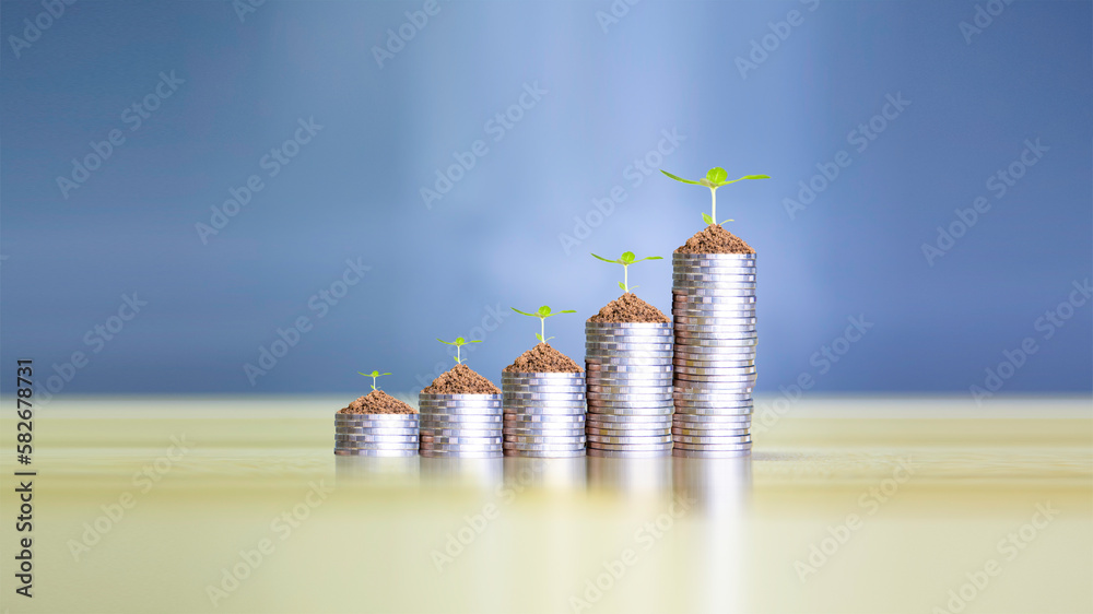Coins are laid out in graph. Stack of the golden coin with a tree that