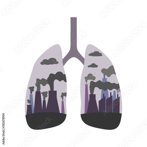 Air pollution inside human lungs in flat design on white background.