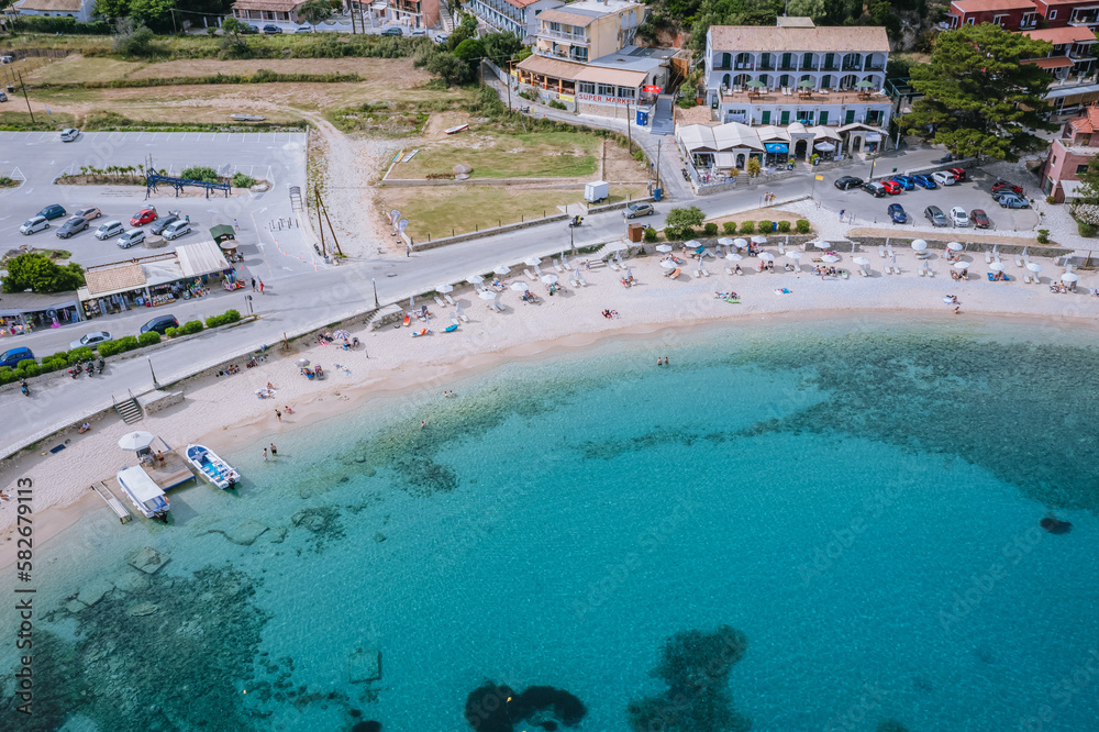 Drone photo of Agios Spyridonas beach in Palaiokastritsa village, Corfu Island, Greece