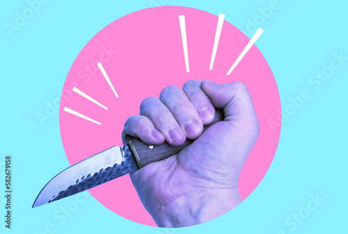 Foto Art collage, Hand holds a metal knife on the collage concept, modern colors, and social background mood