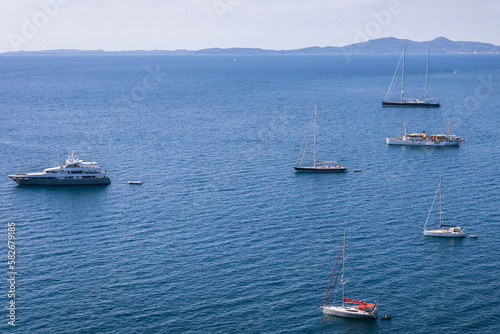 Boats on Garitsa Bay in Corfu city, view from Old Venetian Fortress, Greece