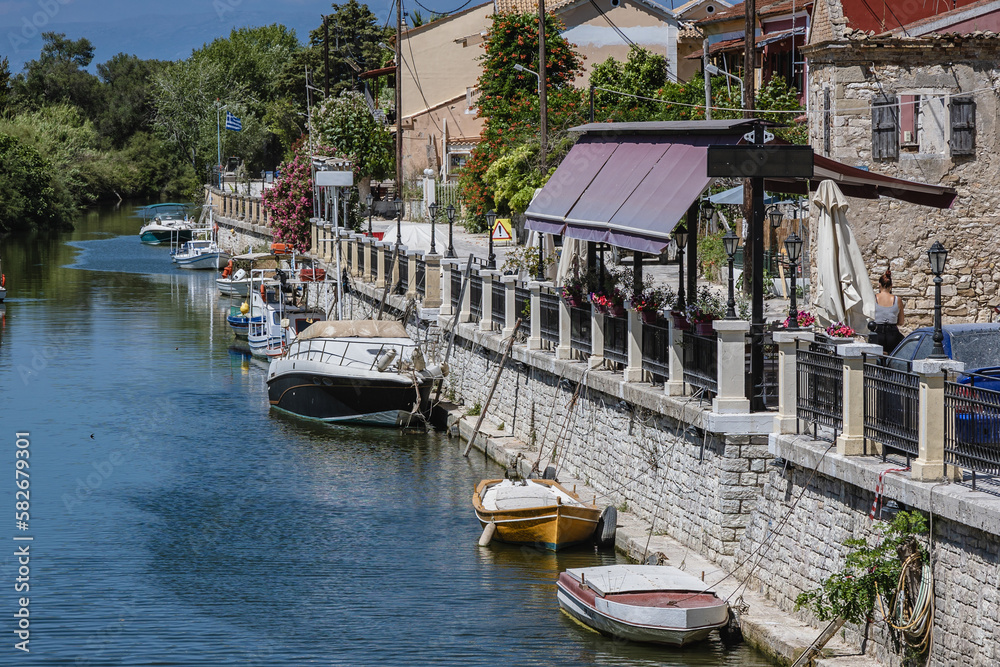 View on the water canal in Lefkimmi, small town on Corfu - Kerkyra Island, Greece