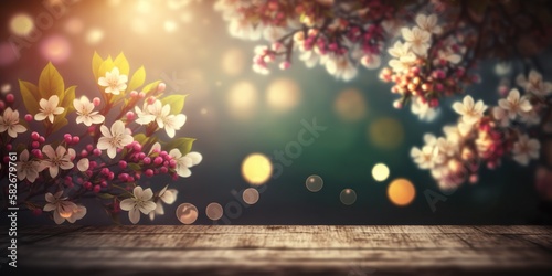 blossoms On Wooden Table In Garden With Bokeh Lights And Flare. Generative AI © bahadirbermekphoto