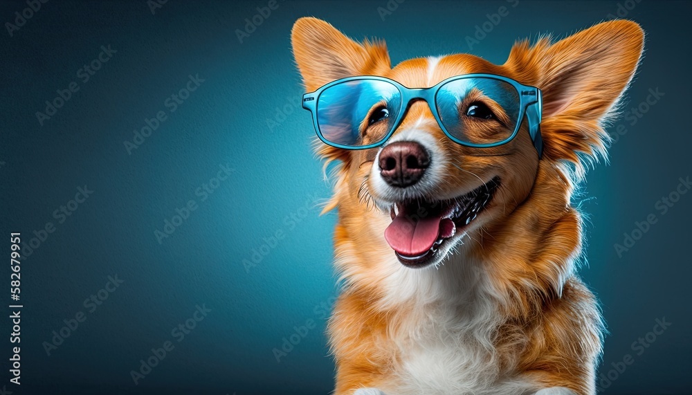 Pembroke welsh corgi  happy dog in glasses, isolate on trendy blue background. by ai generative