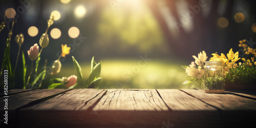 Wooden Table In garden With Bokeh Lights And Flare. Generative AI