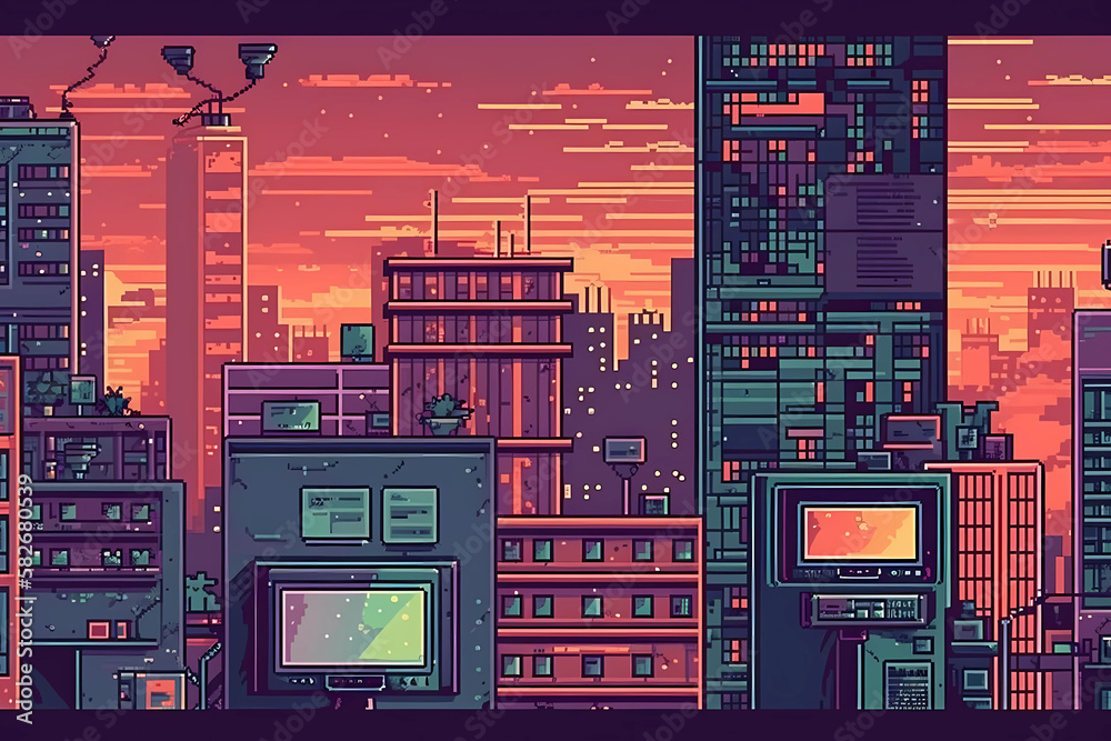 a city retro-style pixel art background. digital art illustration ...