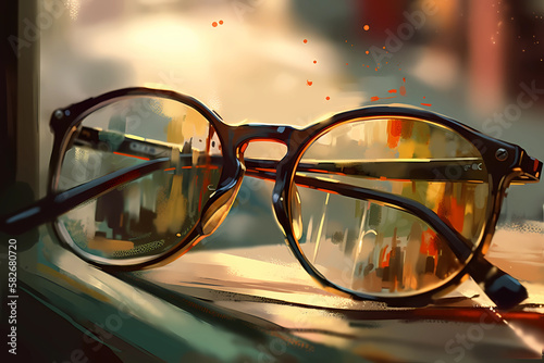 A close-up of a pair of vintage eyeglasses. digital art illustration. generative AI. © Hatia