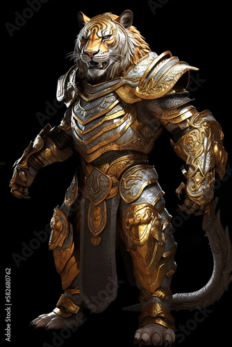Portrait of character for game, tiger soldier, warior of guard, dark fantasy illustration. Created with Generative Ai 