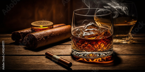 a glass of whiskey with ice on a wooden table, a steaming cuban cigar and a bottle of whiskey in a smoky atmosphere of a night bar Generative AI