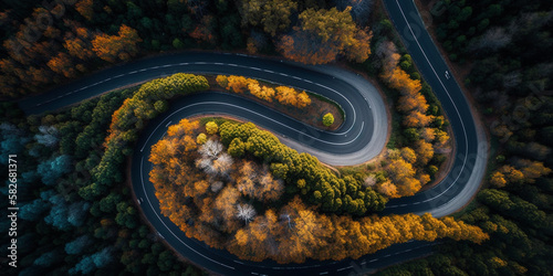 Aerial view of a road in the middle of the forest , road curve construction up to mountain. top view Generative AI © bahadirbermekphoto