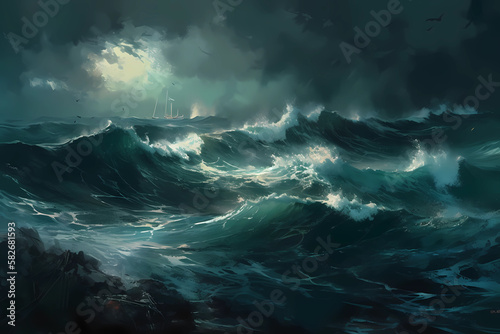An abstract image of a stormy sea. digital art illustration. generative AI.