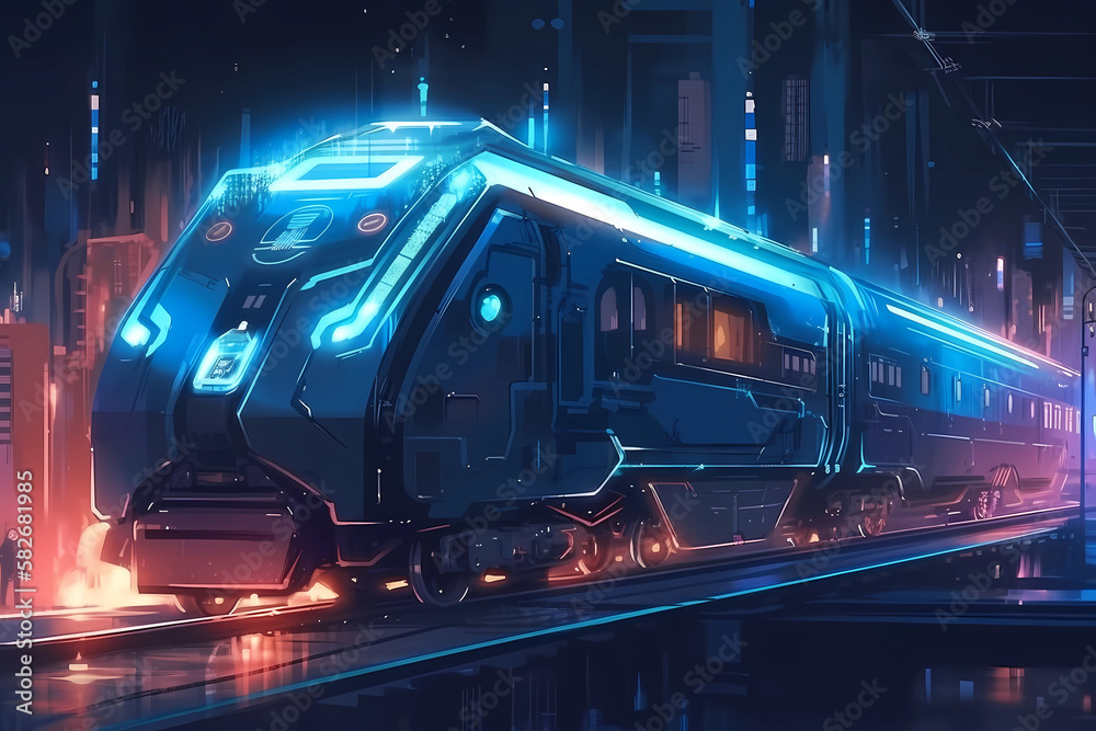 cyberpunk train with bright lights. digital art illustration. generative AI.
