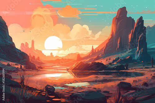 double sunset over a desert landscape. digital art illustration. generative AI.