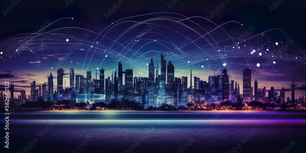 custom made wallpaper toronto digitalSmart city and Wireless communication network concept. abstract line connection on night city background. Generative AI