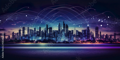 Smart city and Wireless communication network concept. abstract line connection on night city background. Generative AI