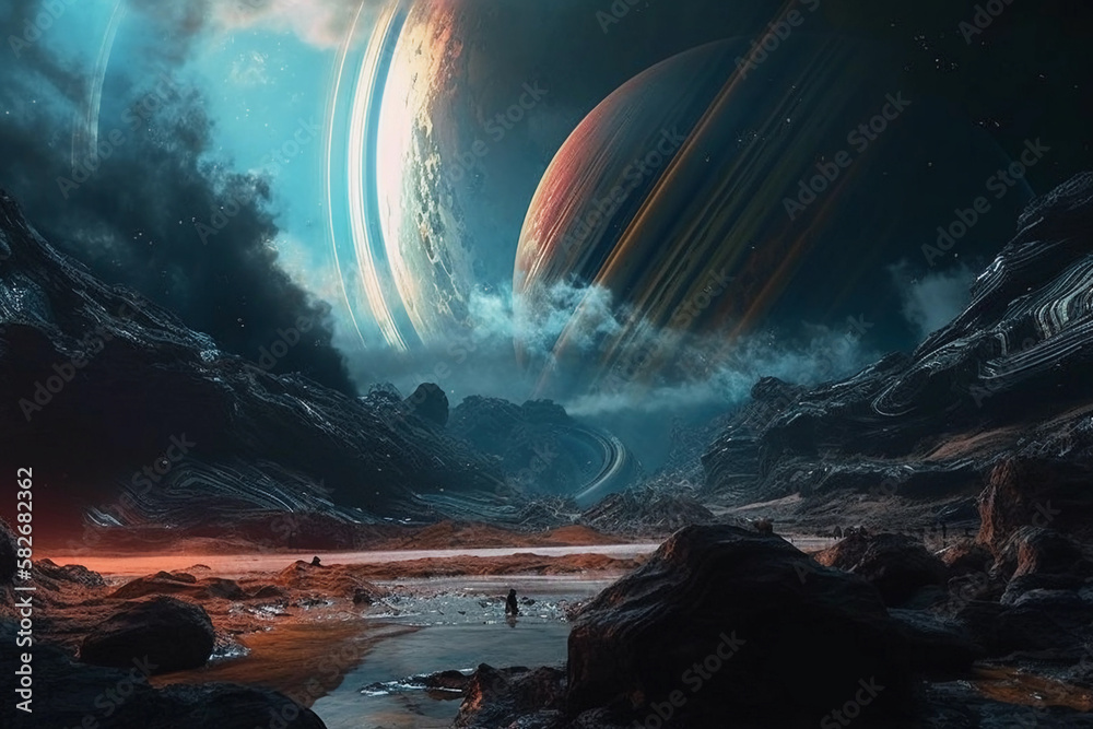 landscape of a ringed gas planet. digital art illustration. generative AI.