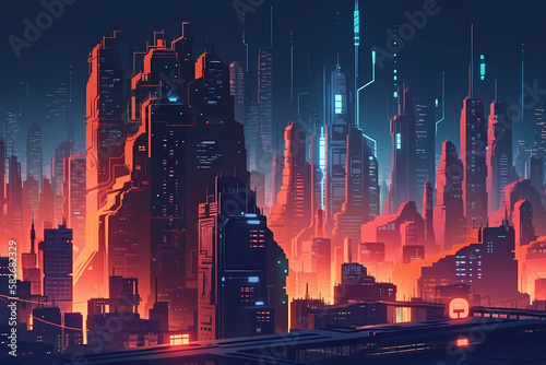 landscape of a futuristic city with neon lights. digital art illustration. generative AI.