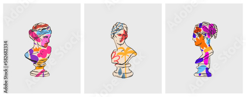 Hand drawn vector abstract outline,graphic,contemporary line greek ancient various sculpture old statues drawing illustration set.Antique classic ancient statue in trendy style,outline design concept.