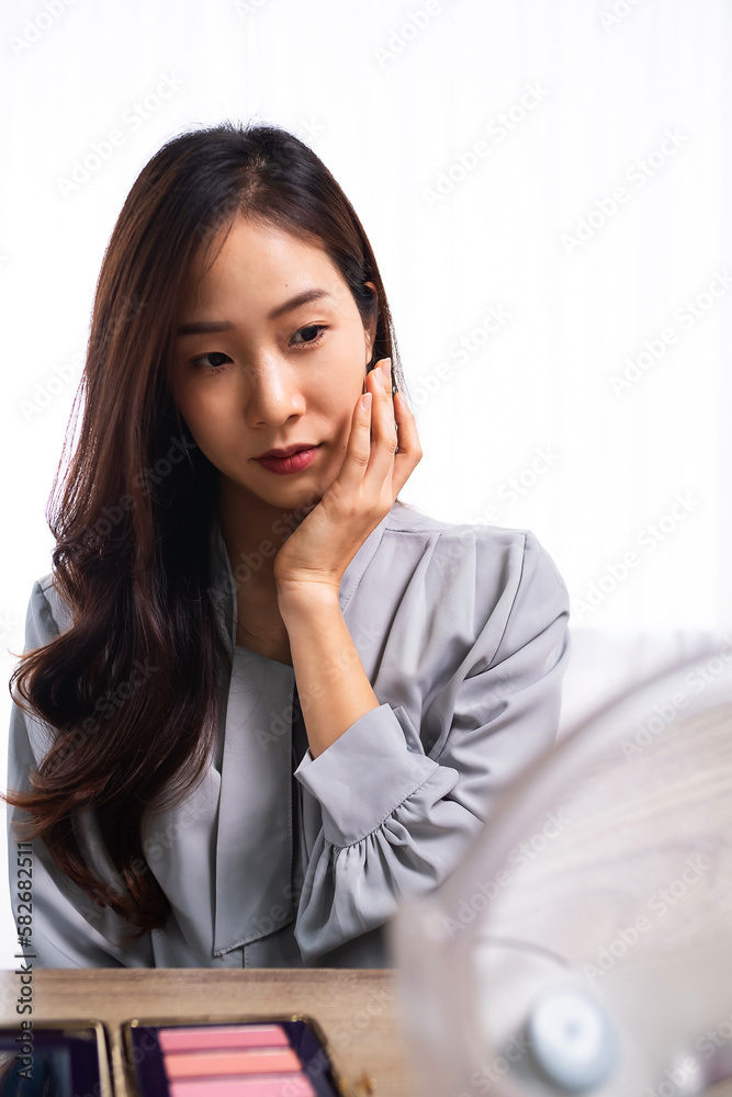 Beauty blogger, young asian woman, girl vlogger posting, showing, reviews cosmetics products while recording video, tutorial to share on social media. Business online influencer on smartphone Beauty blogger, young asian woman, girl vlogger posting, showing, reviews cosmetics products while recording video, tutorial to share on social media. Business online influencer on smartphone