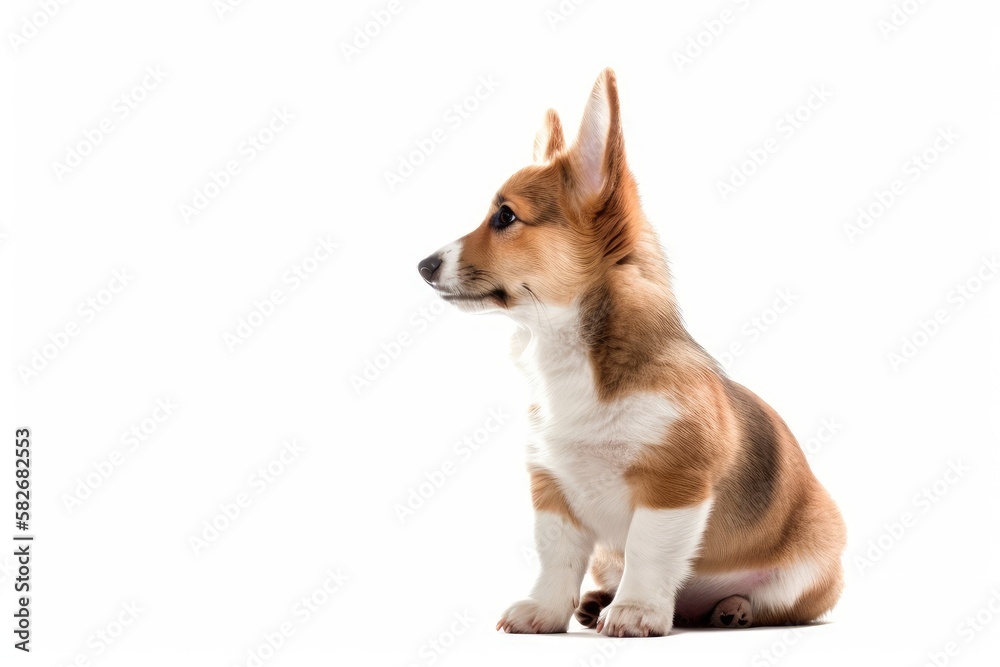 Puppy Pembroke Welsh Corgi sitting and looks away. isolated against a white background. Generative AI