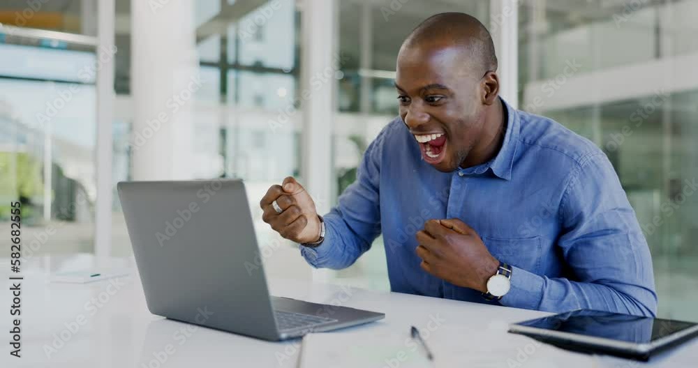 Laptop, excited and happy black man celebrate IPO launch, stock market trading news or financial revenue winner. Achievement, ecommerce cheers or person scream for forex, bitcoin or crypto NFT profit Laptop, excited and happy black man celebrate IPO launch, stock market trading news or financial revenue winner. Achievement, ecommerce cheers or person scream for forex, bitcoin or crypto NFT profit