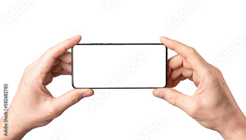 Hands holding smartphone mock-up, horizontal smart phone screen mockup frame isolated on white