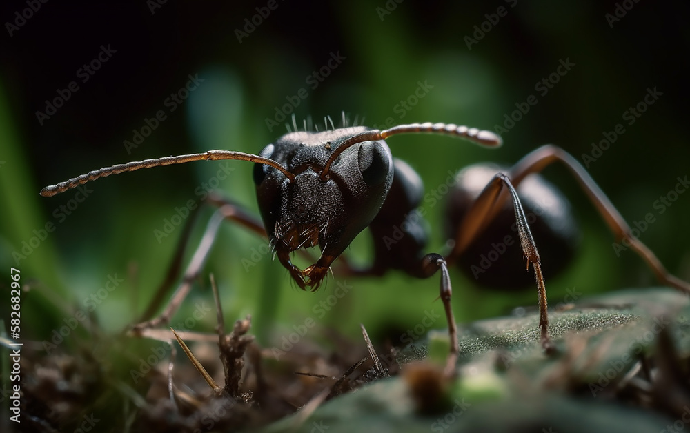 Macro shot of an ant with pronounced mandibles, highlighting its striking features against a dark background.