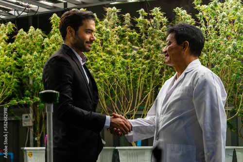 Businessman shaking hands with researcher inside marijuana lab