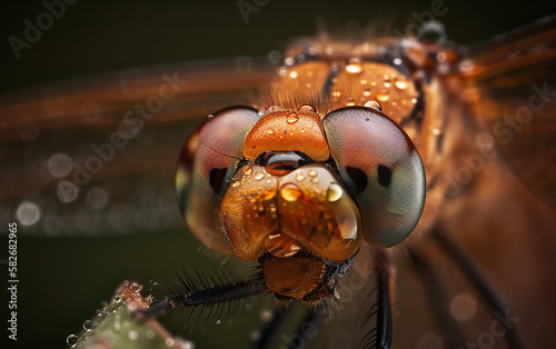 Close-up view of a dragonfly's head, showing detailed eyes covered in water droplets against a blurred backdrop. © Liana