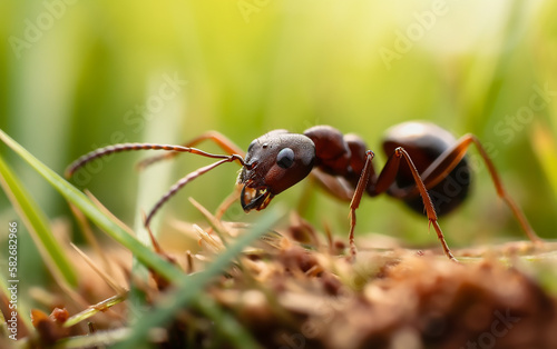 Detailed image of an ant on grass, focusing on its reflective eyes and long legs amidst a vibrant green setting.