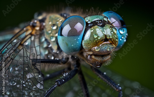 Dragonfly macro. Detailed macro view of a dragonfly's face covered in tiny dew droplets, highlighting its multifaceted eyes. © Liana