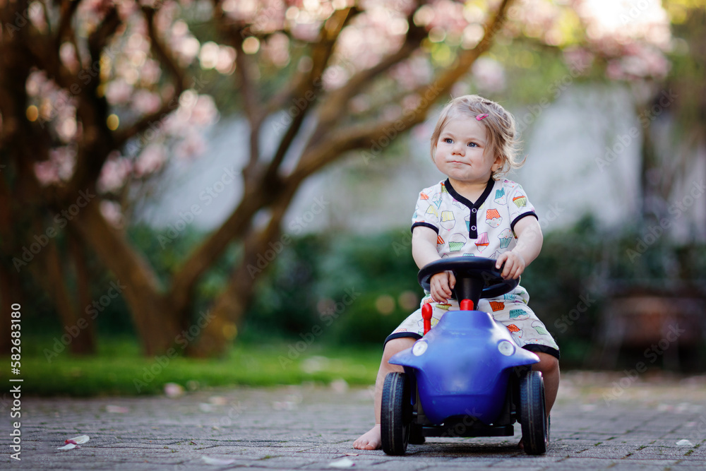 Cute little baby girl playing with blue small toy car in garden of home or nursery. Adorable beautiful toddler child with blossoming magnolia on background Cute little baby girl playing with blue small toy car in garden of home or nursery. Adorable beautiful toddler child with blossoming magnolia on background