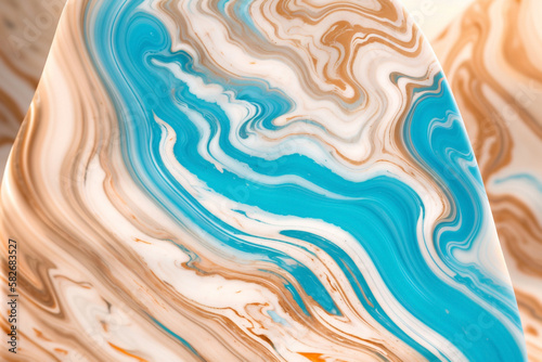 Abstract Teal and Brown 3D Slab Sculpture with Red White  Mysterious Object Background  Hard Marble Surface  AI