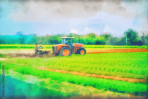 farming tractor spaying a field, watercolor oil painting effect. Generative Ai