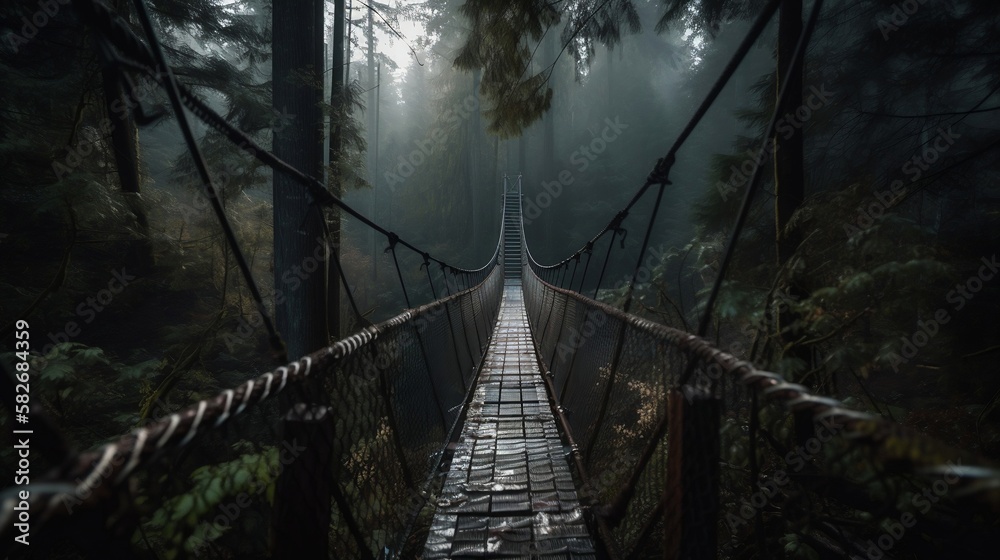 Fototapeta premium pont suspendu dans une forêt, légère brume, franchissement de ravin - generative ai