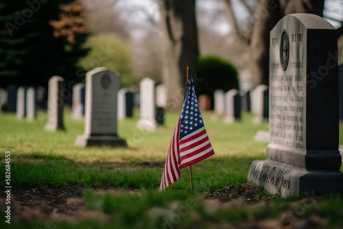 American flag next to the grave in the cemetery. Generative AI