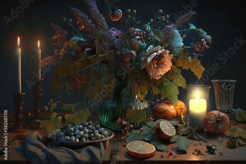 Bohemian Christmas Table with flowers and candles