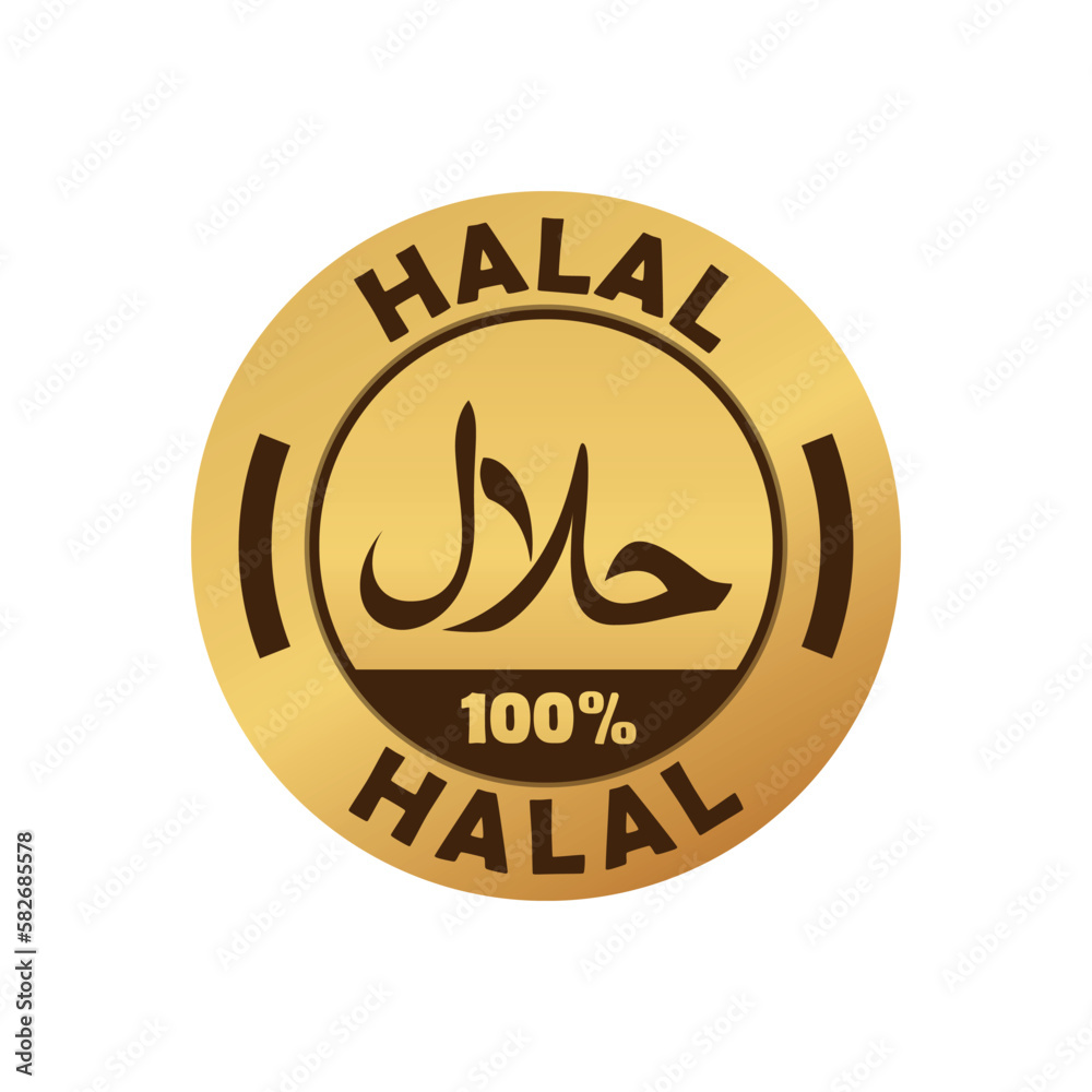 Golden Halal sign design. Certificate halal logo tag.