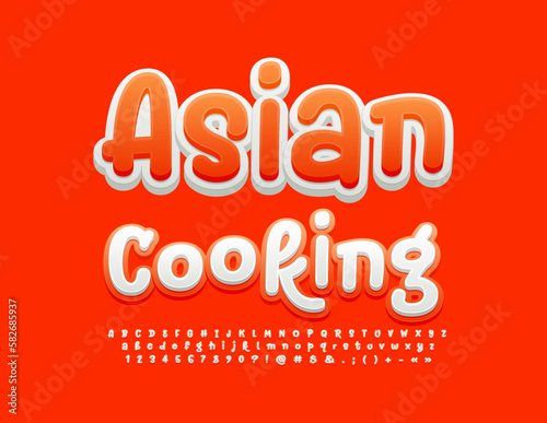 Vector gourmet banner Asian Cooking with handwritten Alphabet Letters, Numbers and Symbols set. Bright Orange and White Font