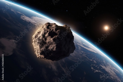 Asteroid approaching planet Earth  meteorite in orbit before impact. Concept  The risk of Armageddon is near. Generative ai