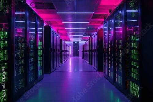 Servers data center room with bright neon lights. Concept: Storage in the cloud. Generative ai 