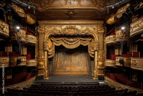 An empty  elegant theater with gold curtain ready to start a show. None in the seats. Concept  Nobody goes to the theatre. Generative ai