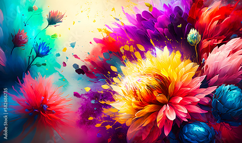 A watercolor summer flower abstract background with an explosion of brightly colored flowers