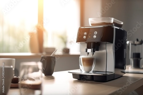 The first coffee of the day at a beautiful modern kitchen with a beautiful light house. Concept: The calm of a coffee at home with the coffee machine. Generative ai
